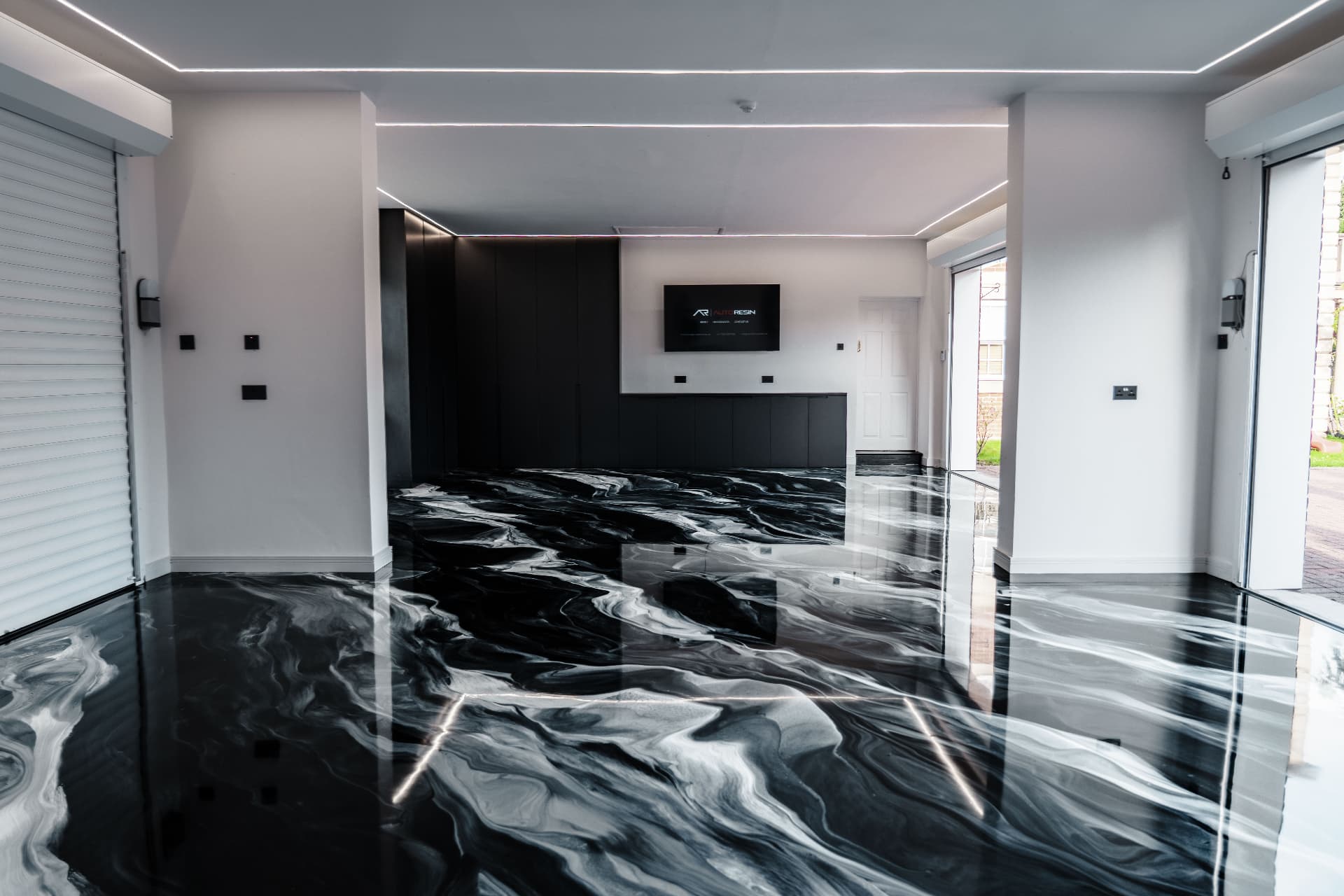 Residential seamless resin hallway floor.