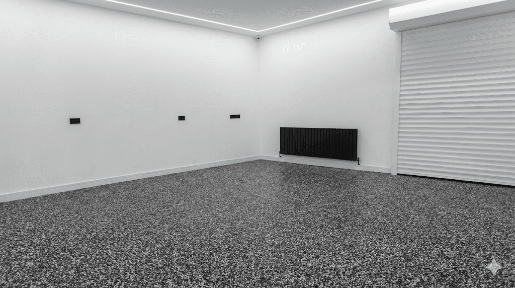 After: completed resin flake garage floor
