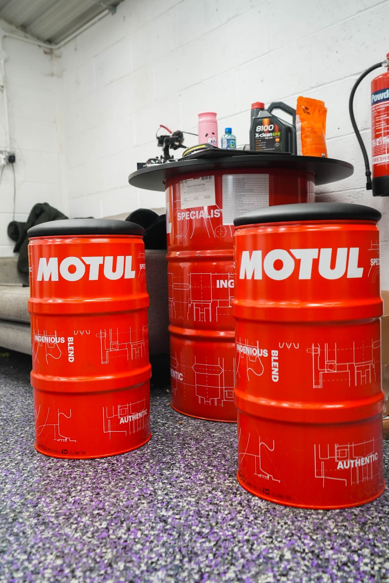 Professional workshop with flake resin floor.