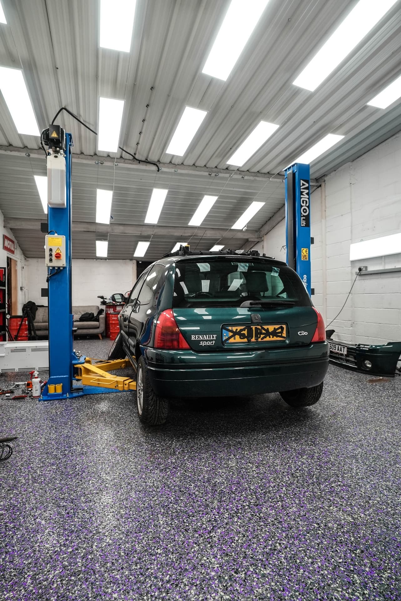 Rear view of a completed flake garage floor.
